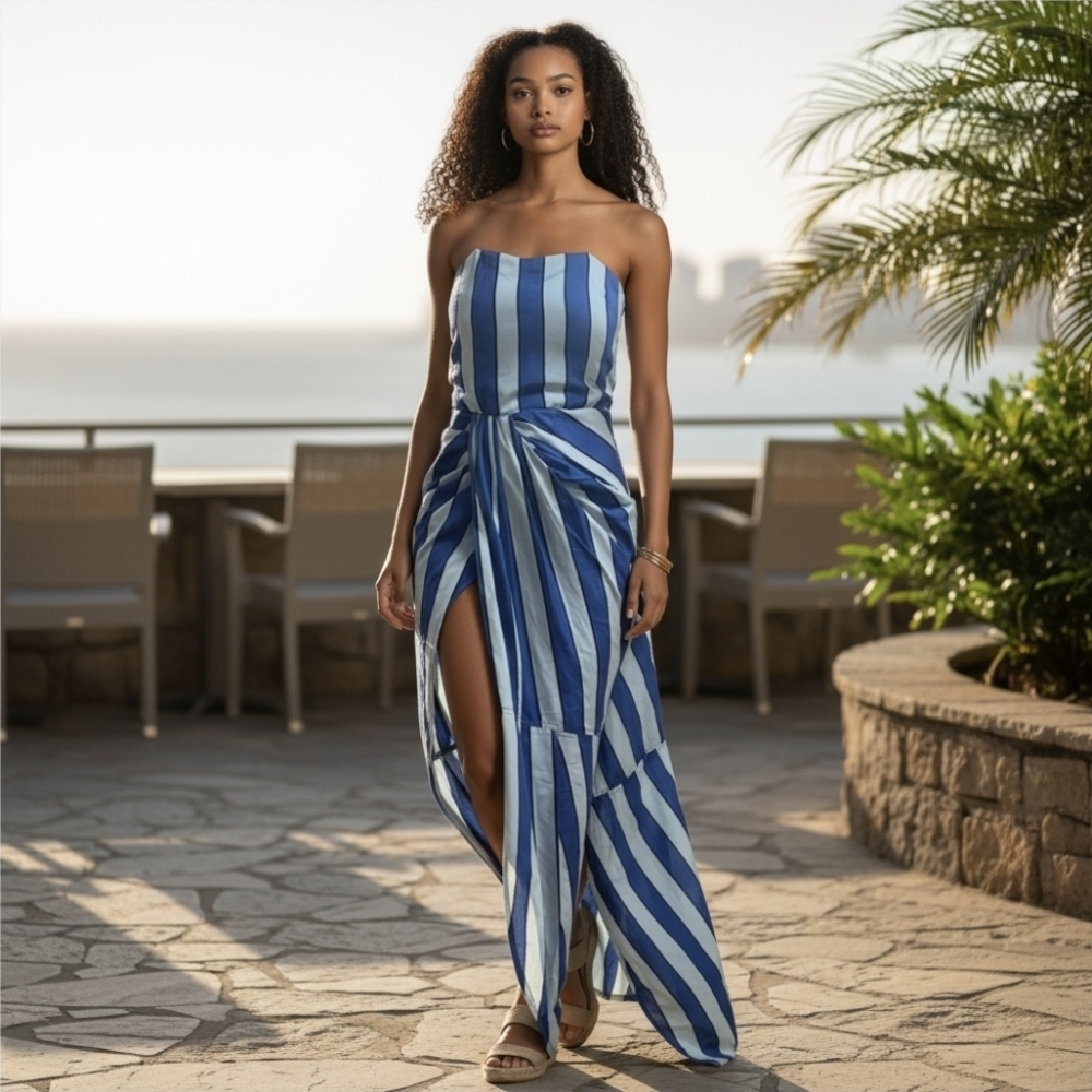 Derek Lam Blue Striped High Slit Midi Dress Womens 2 Nautucal Party